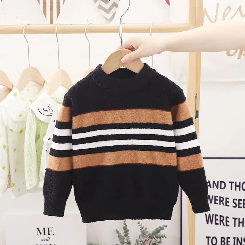 2023 Autumn Winter Girls Boys Sweater 2 Color Fashion Striped Knitted Bottoming Shirt For 2-6 Years Children Keep Warm Clothes