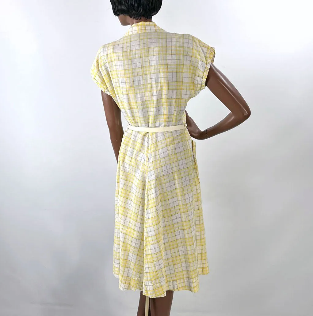 40s Summer Day Dress Vintage 50s Sunny Yellow Plaid Medium VFG