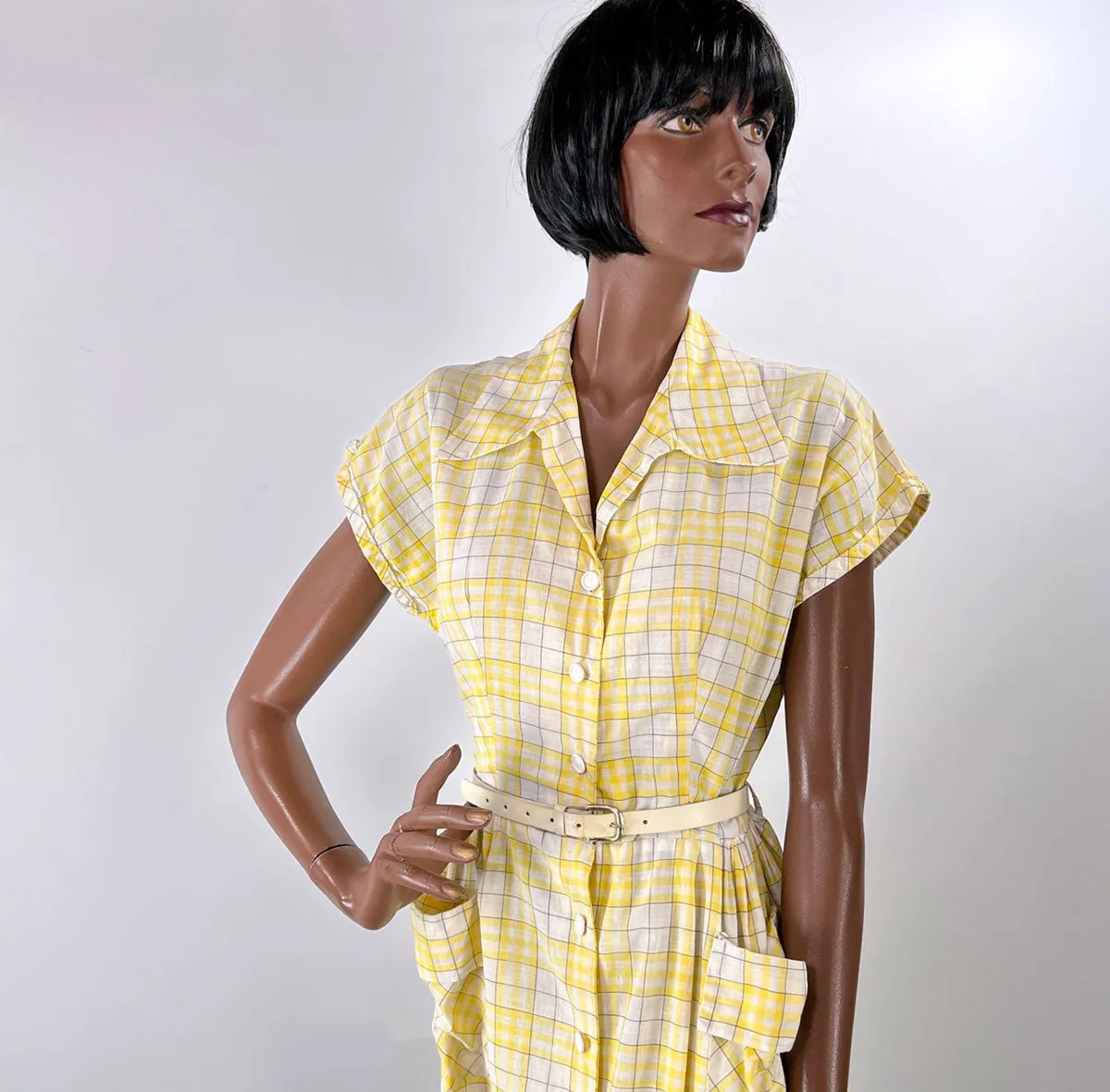 40s Summer Day Dress Vintage 50s Sunny Yellow Plaid Medium VFG