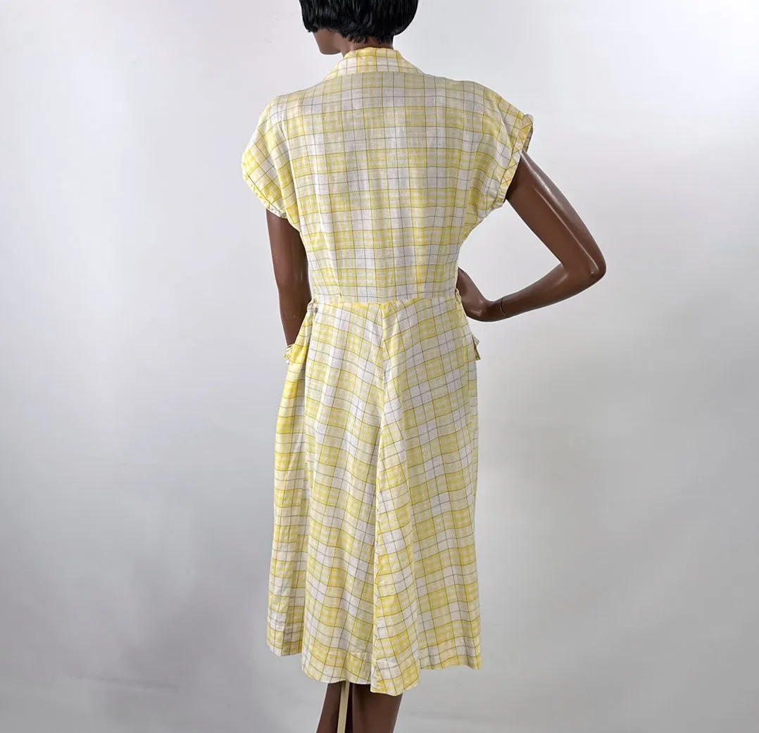 40s Summer Day Dress Vintage 50s Sunny Yellow Plaid Medium VFG