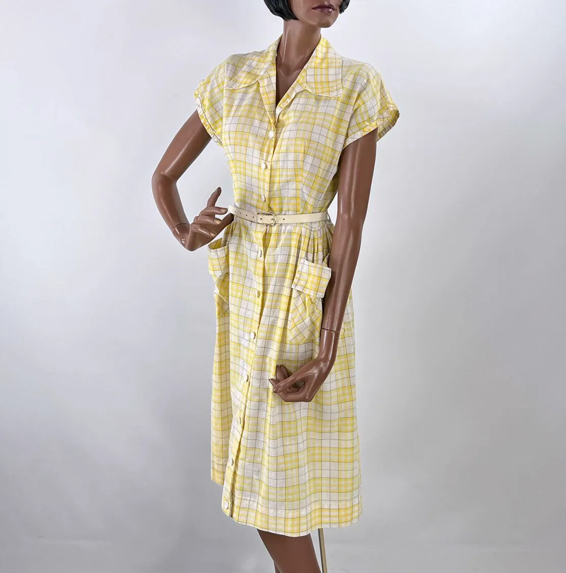 40s Summer Day Dress Vintage 50s Sunny Yellow Plaid Medium VFG