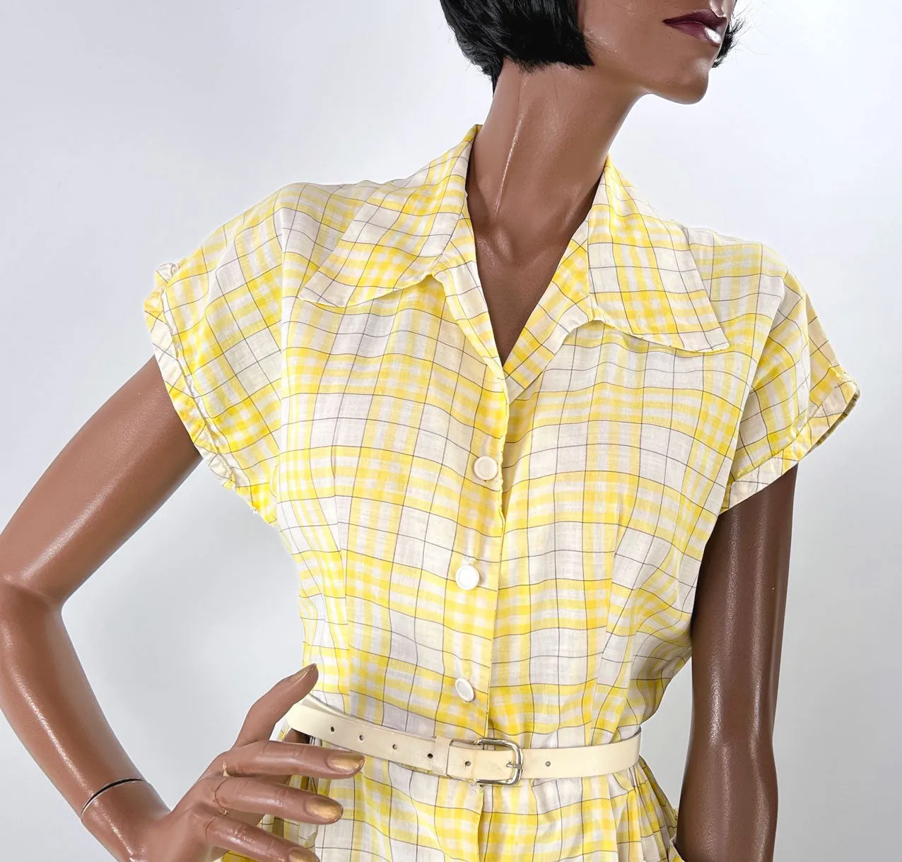 40s Summer Day Dress Vintage 50s Sunny Yellow Plaid Medium VFG