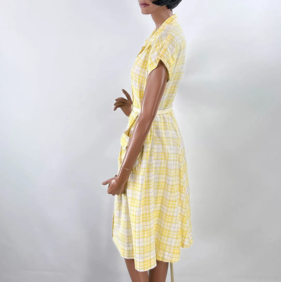 40s Summer Day Dress Vintage 50s Sunny Yellow Plaid Medium VFG