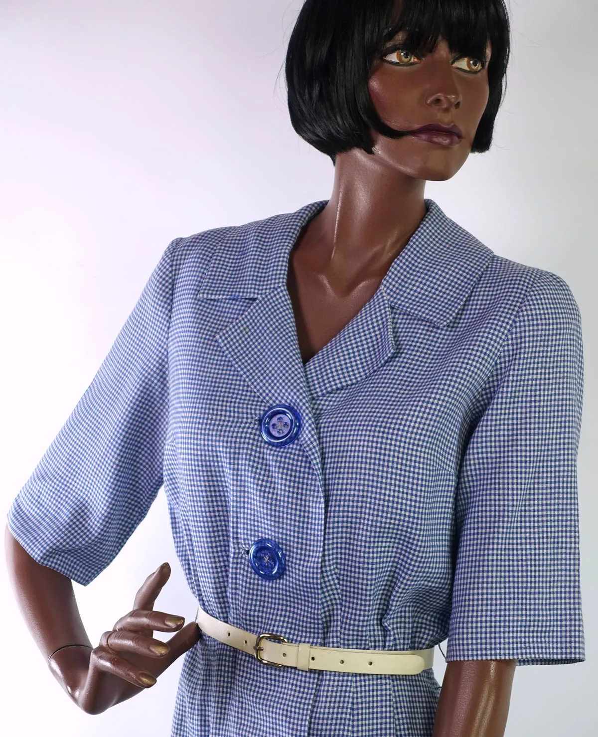 50s Vintage Day Dress Shirtwaist Blue Gingham Check Big Buttons R & K Originals VFG S/M