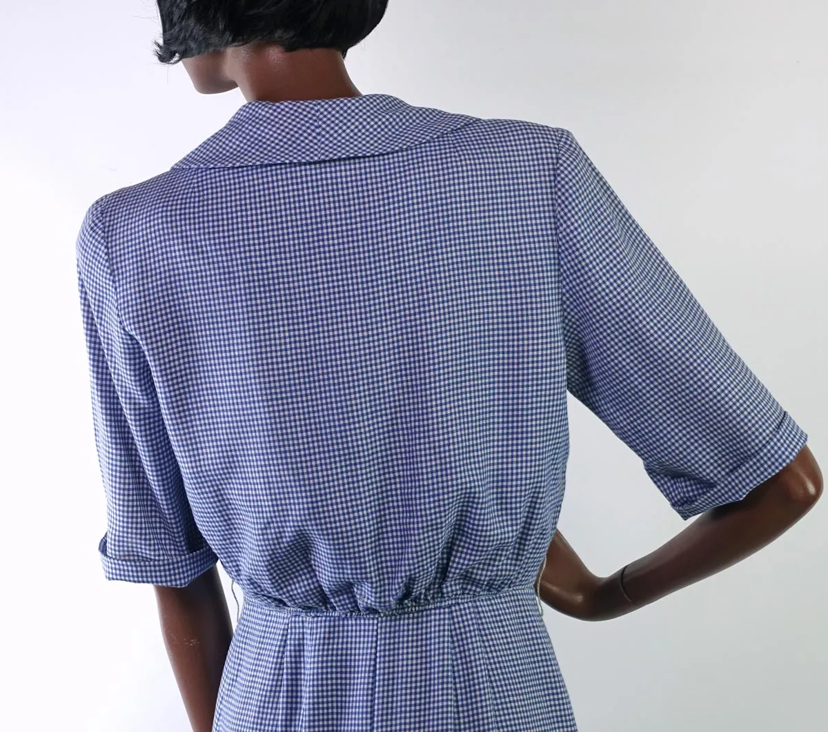 50s Vintage Day Dress Shirtwaist Blue Gingham Check Big Buttons R & K Originals VFG S/M