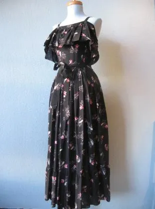 50s Women's Sun Dress Cold Shoulder Ruffle Full Skirt Vintage Abtract Print Medium VFG