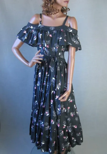 50s Women's Sun Dress Cold Shoulder Ruffle Full Skirt Vintage Abtract Print Medium VFG