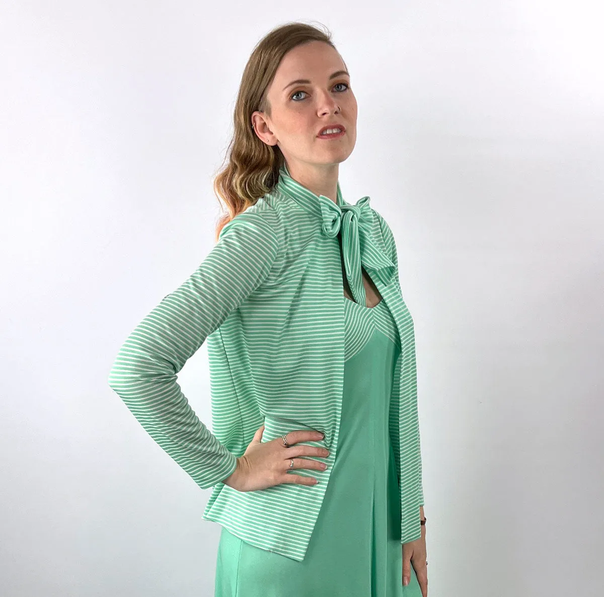 70s Maxi Dress & Jacket Mint Green Stripe Vintage Joan Sparks for Alamor VFG Small