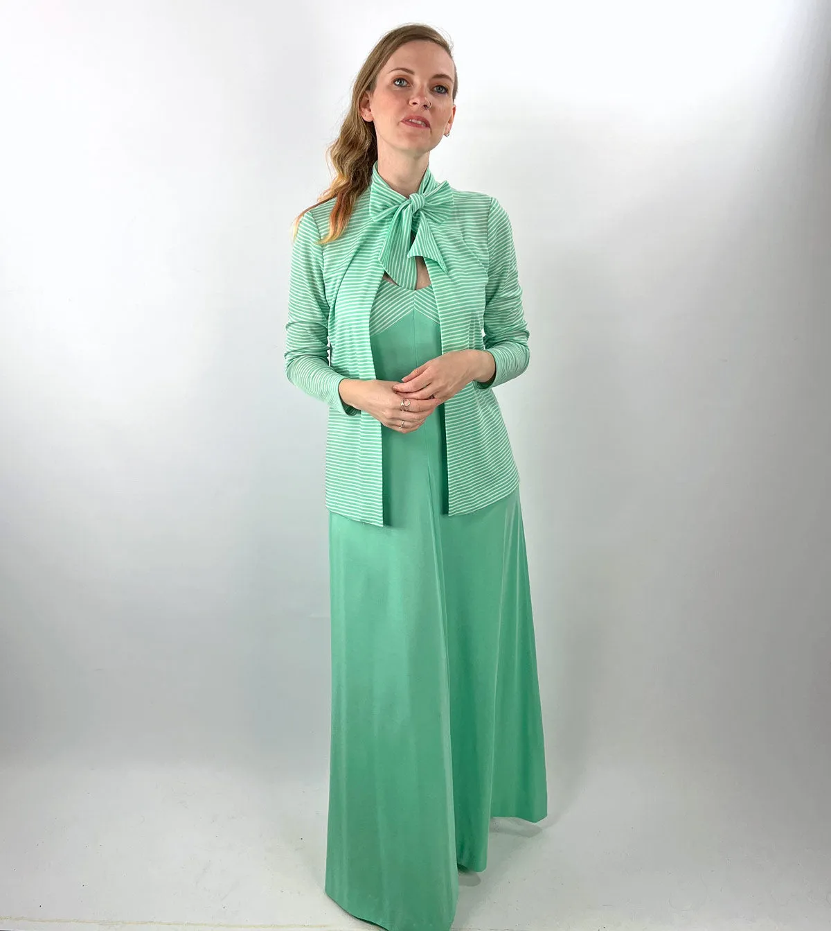 70s Maxi Dress & Jacket Mint Green Stripe Vintage Joan Sparks for Alamor VFG Small