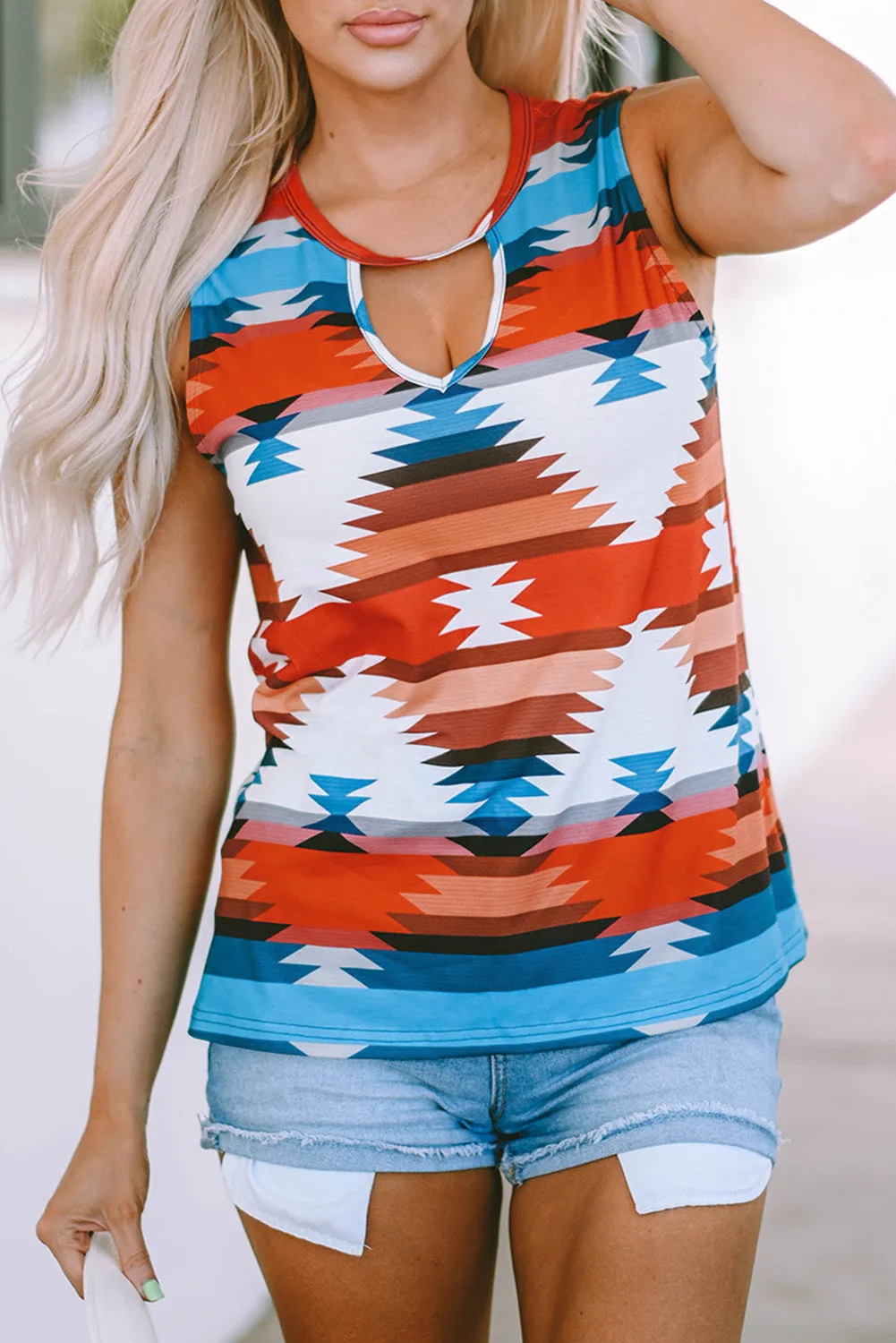 Aztec Hollowed Neckline Tank Top