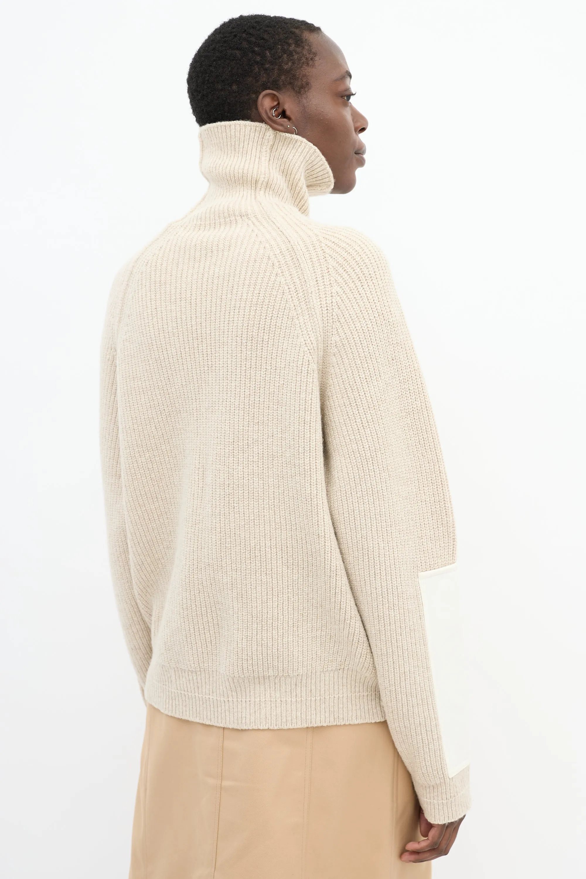 Beige Wool Sleeve Panel Turtleneck Sweater