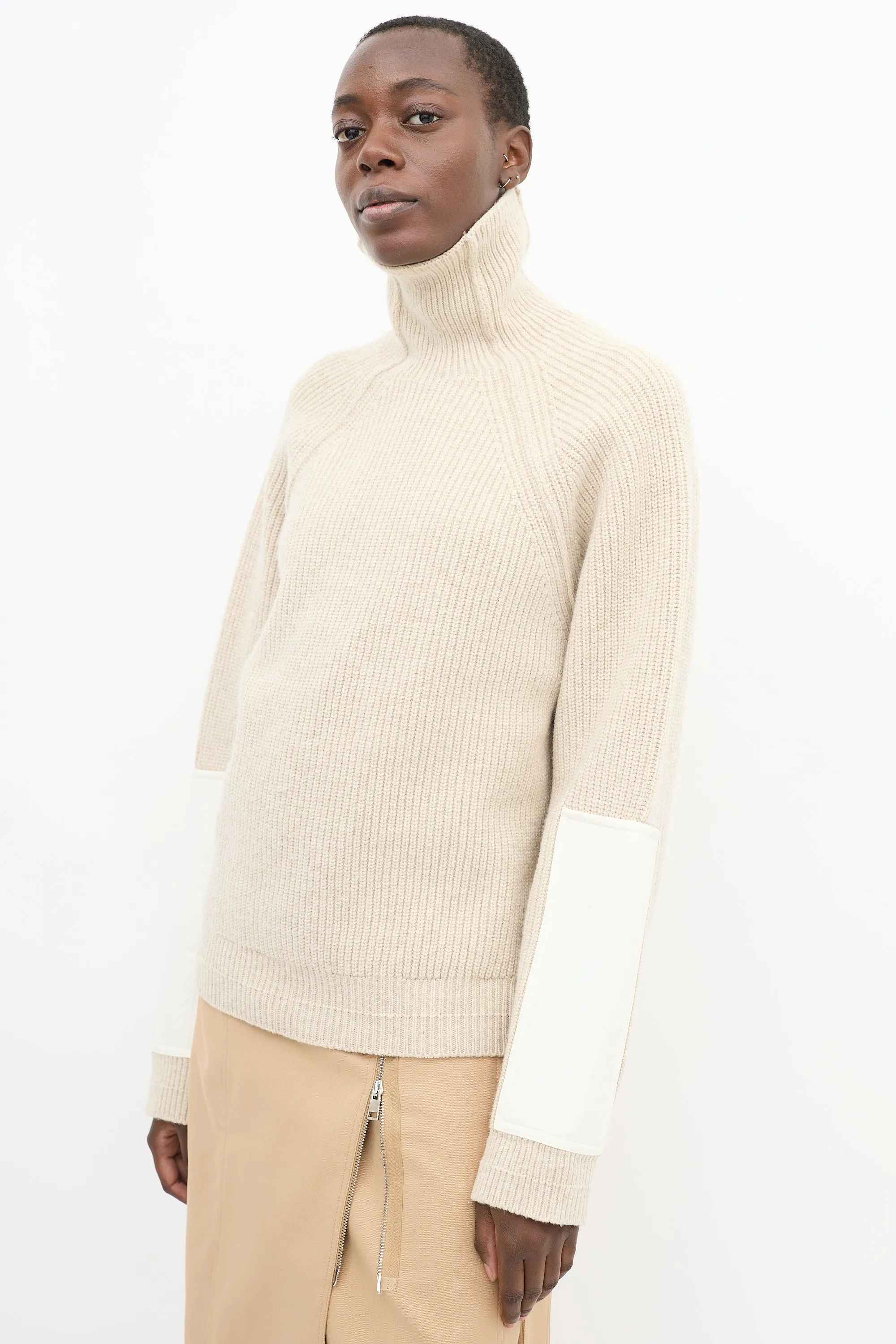 Beige Wool Sleeve Panel Turtleneck Sweater