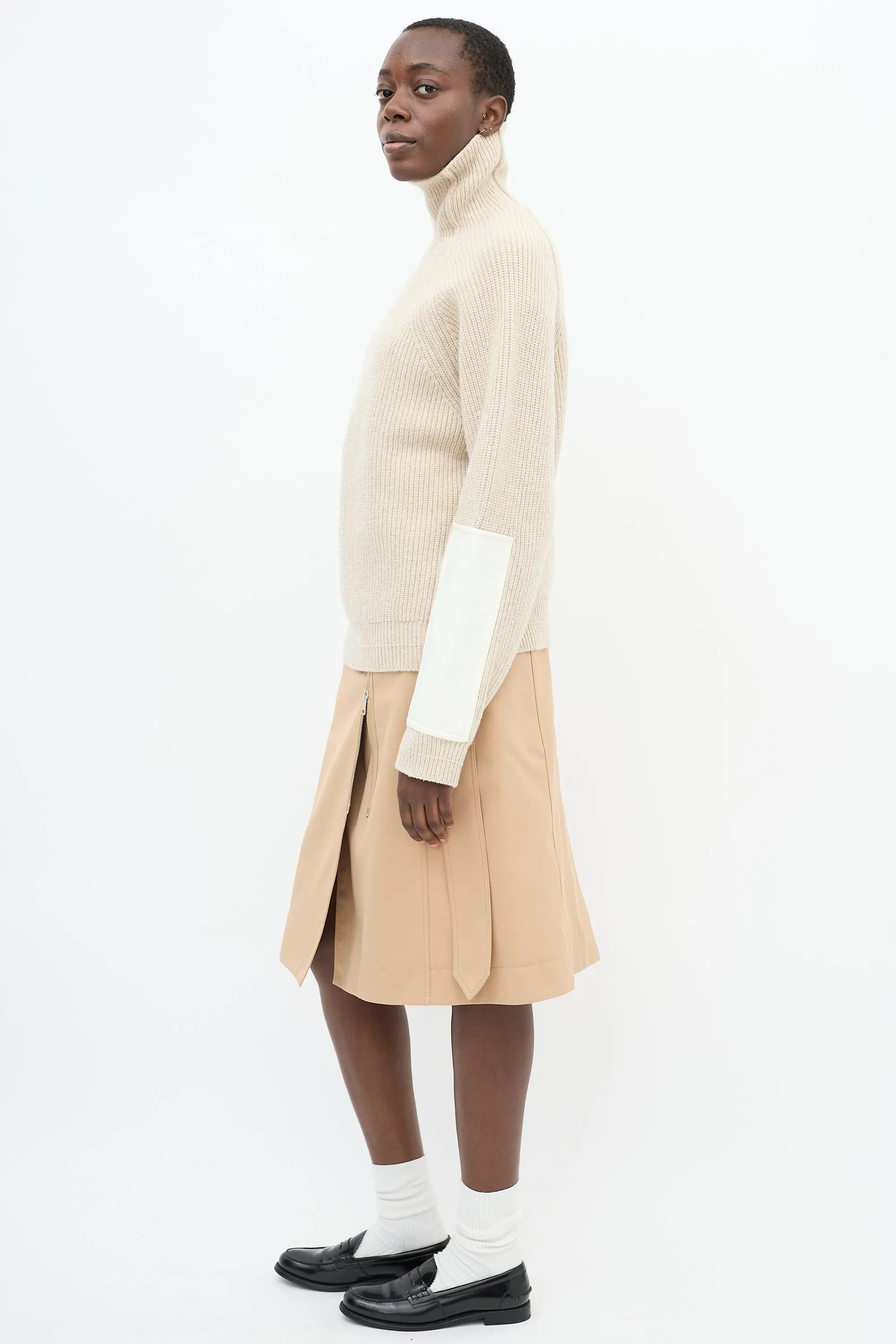 Beige Wool Sleeve Panel Turtleneck Sweater