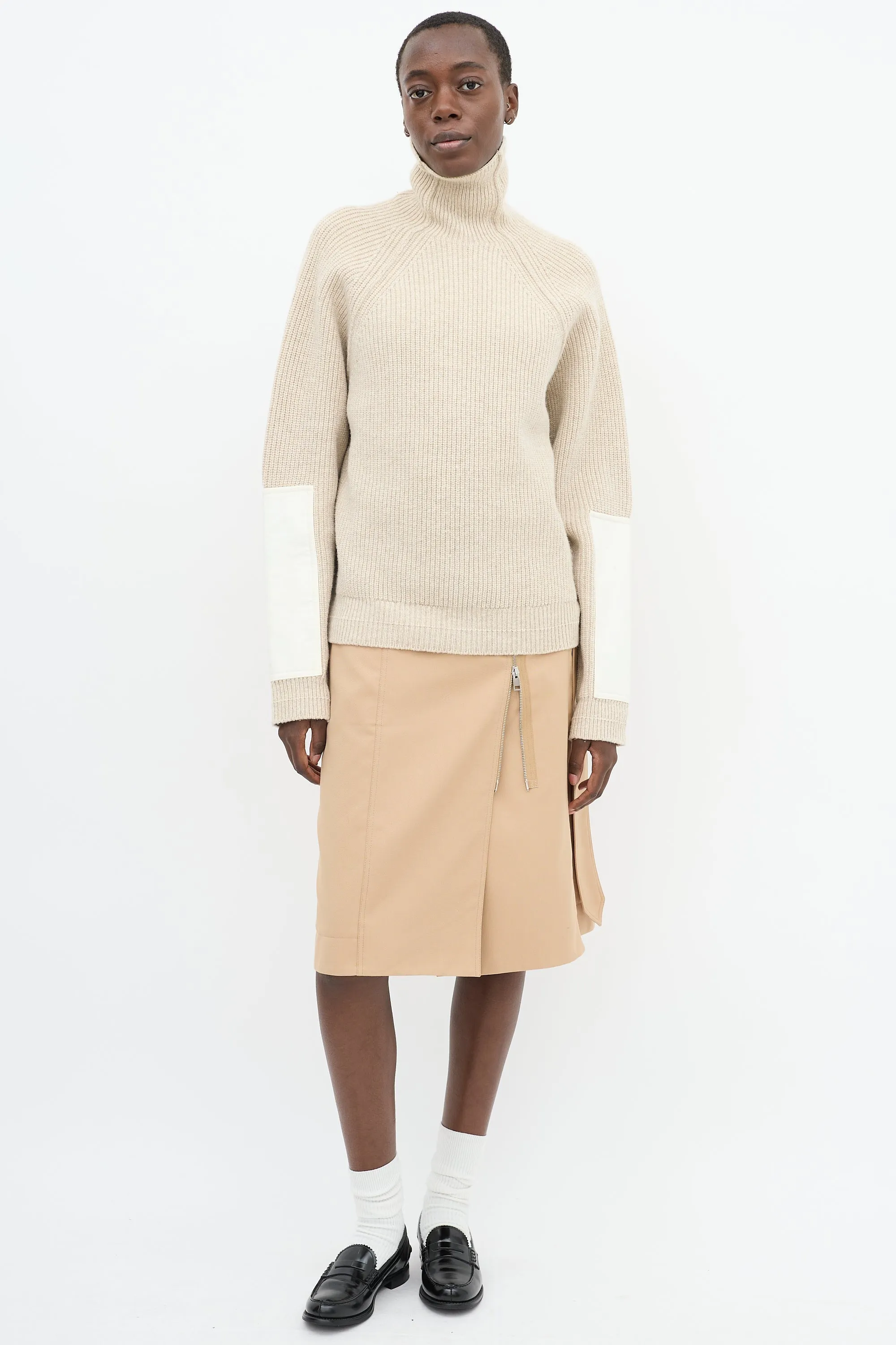 Beige Wool Sleeve Panel Turtleneck Sweater