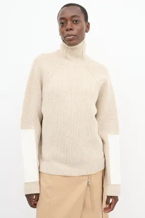 Beige Wool Sleeve Panel Turtleneck Sweater