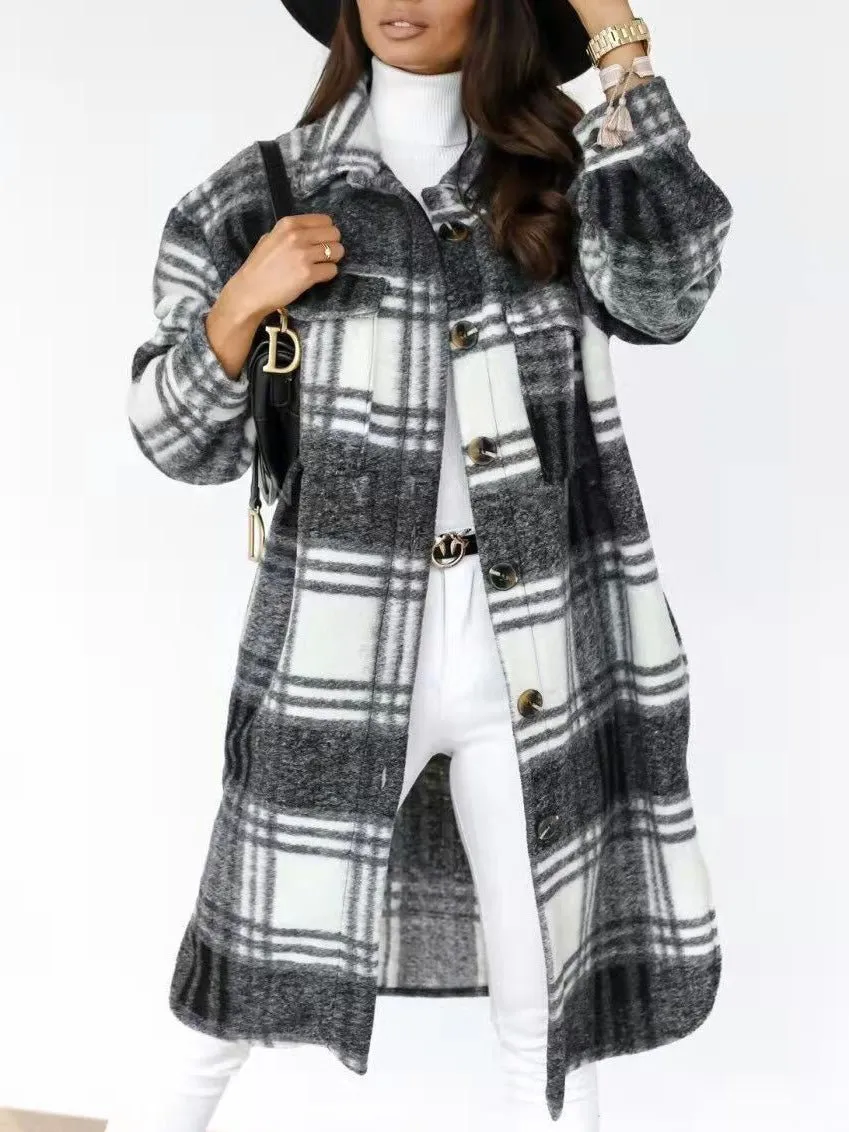 Coats Single Breasted Plaid Brushed Mid Length Wool Coat for Women