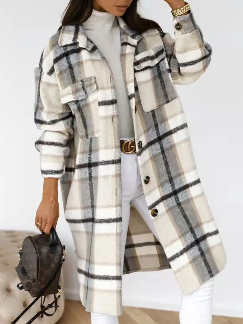 Coats Single Breasted Plaid Brushed Mid Length Wool Coat for Women