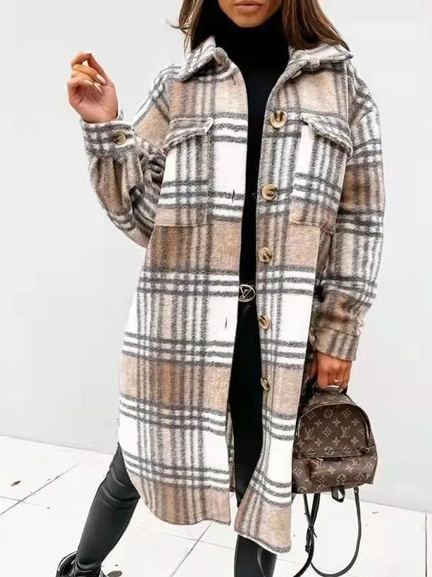 Coats Single Breasted Plaid Brushed Mid Length Wool Coat for Women