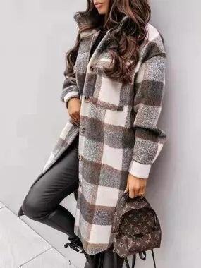 Coats Single Breasted Plaid Brushed Mid Length Wool Coat for Women