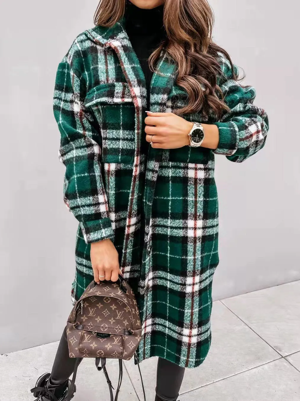 Coats Single Breasted Plaid Brushed Mid Length Wool Coat for Women