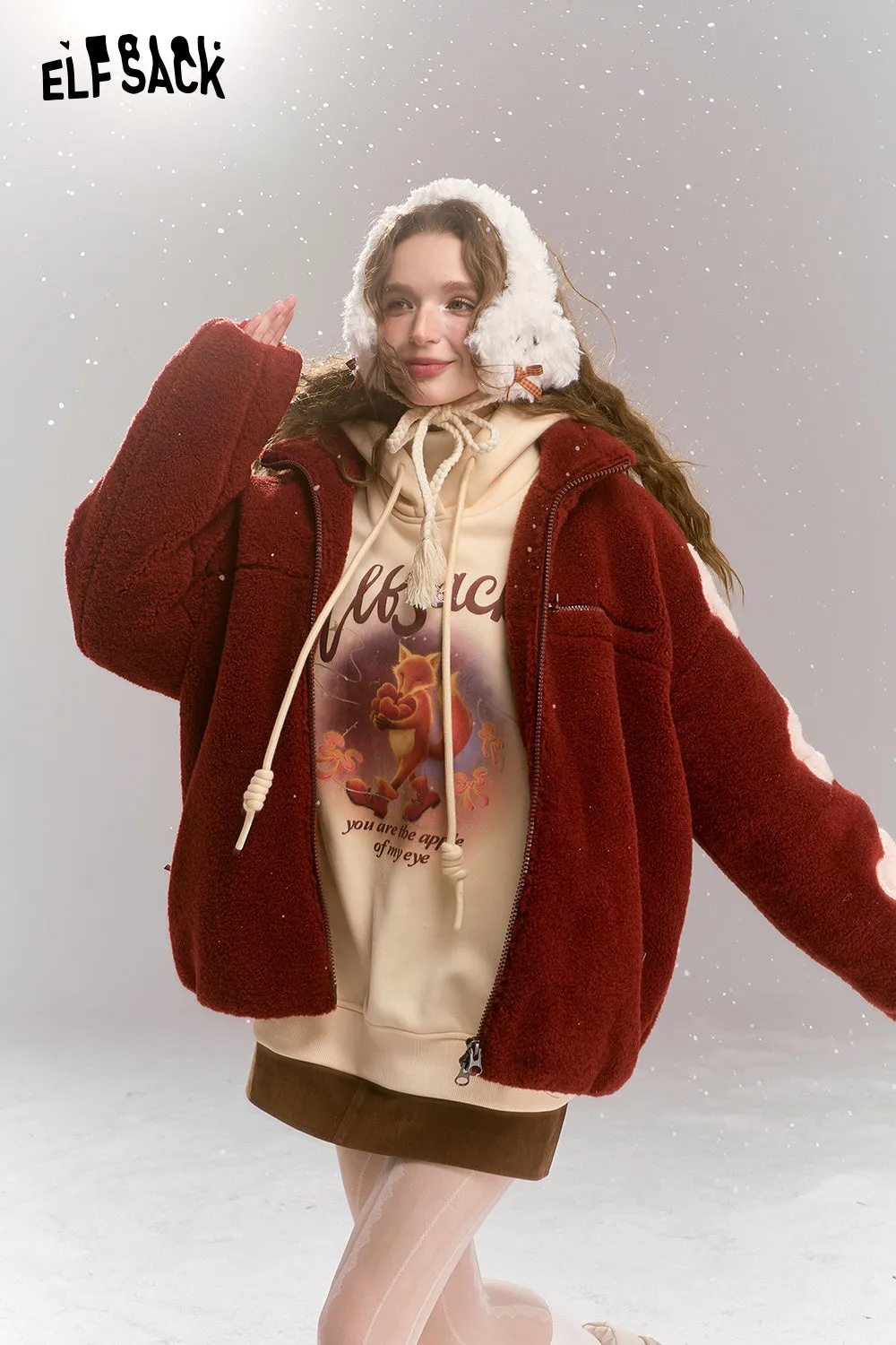 ELFSACK 2024 Winter New Arrivals Flowers stitching imitation plush coat women loose stand collar thick warm jacket