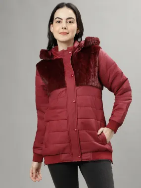 Elle Women Red Solid Hooded Long Sleeves Puffer Jacket