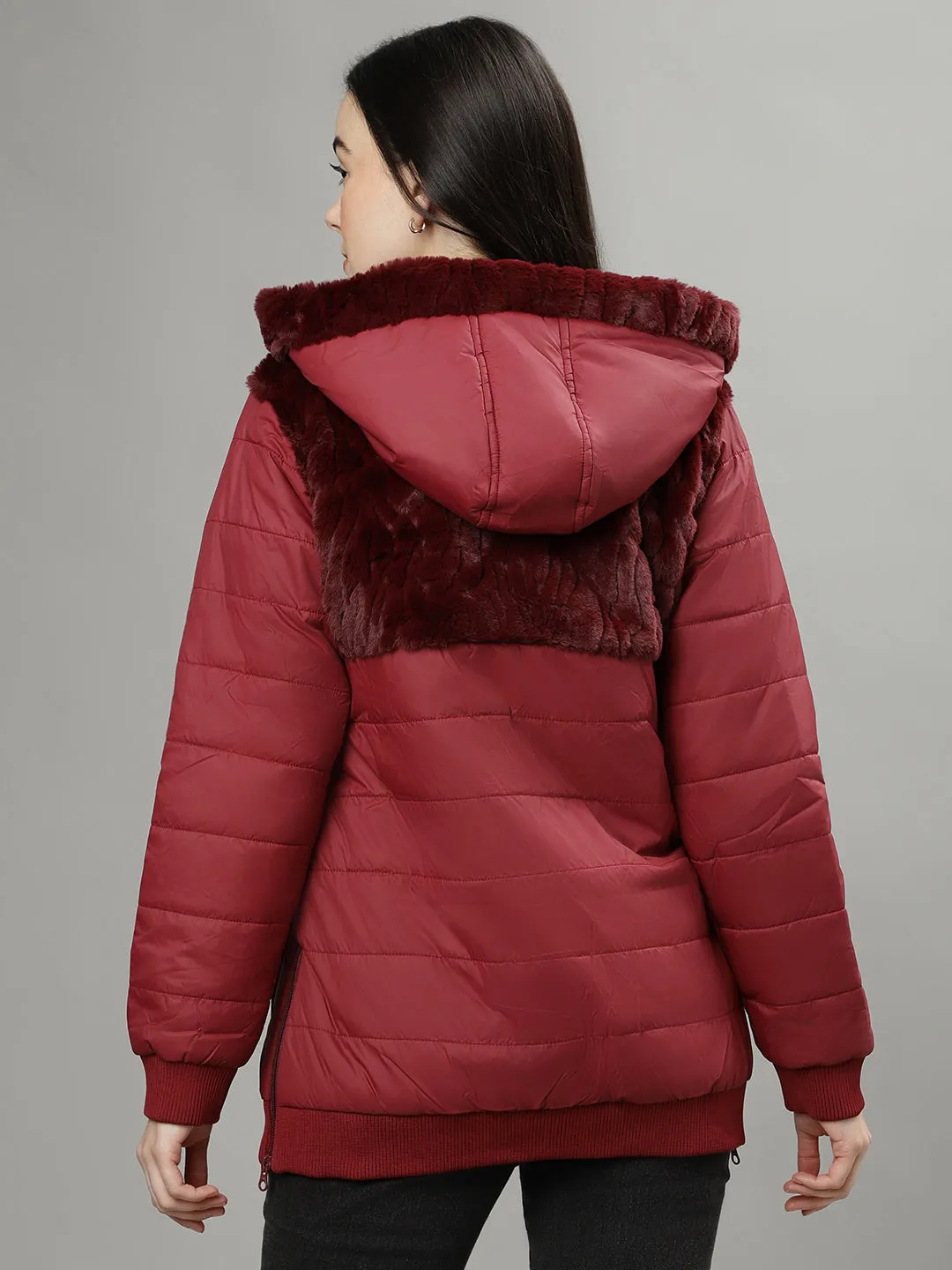 Elle Women Red Solid Hooded Long Sleeves Puffer Jacket