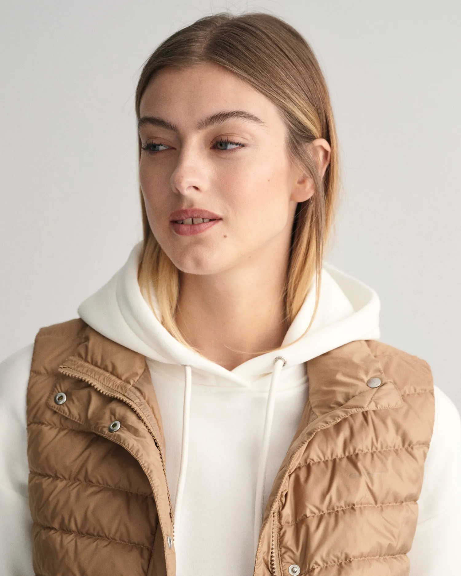 Gant Women Beige Solid Stand Collar Sleeveless Puffer Jacket