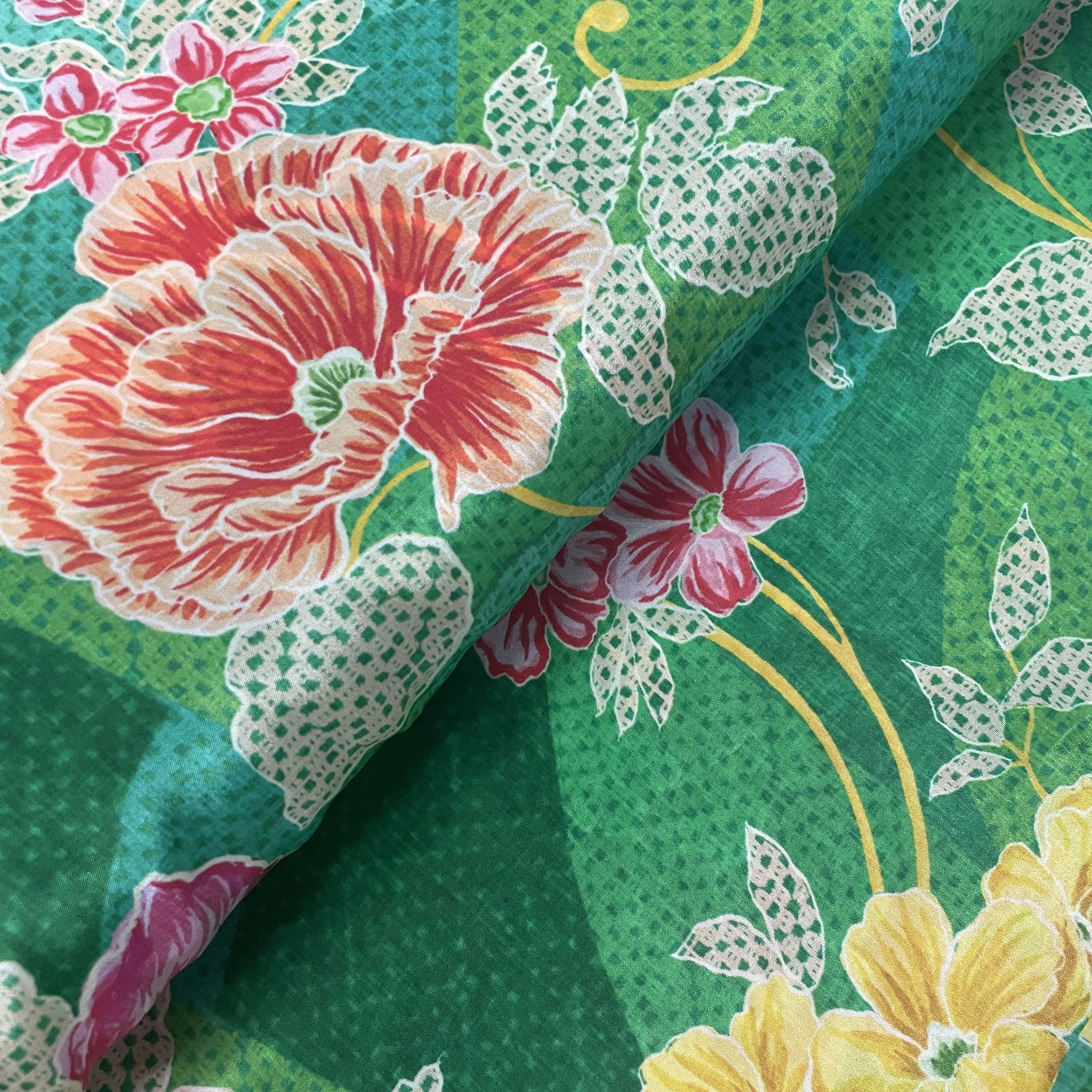 Green Floral Print Crepe Fabric 18035