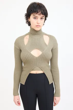 Green Wool Ribbed Knit Turtleneck Sweater