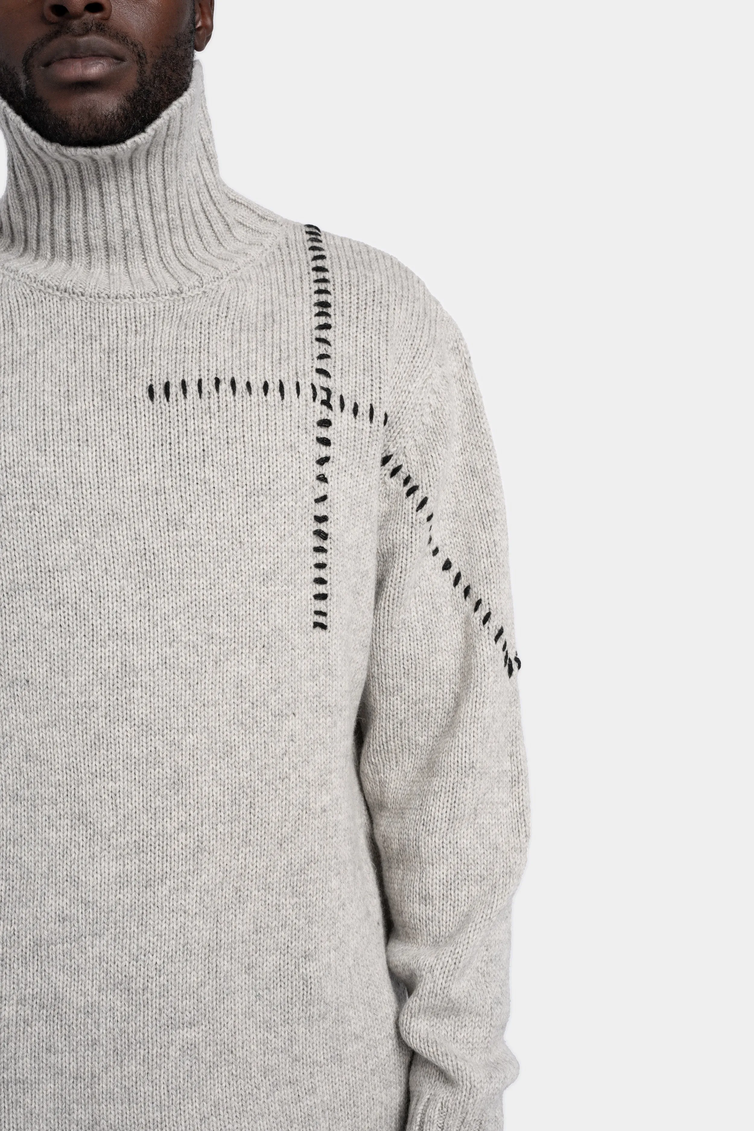 High neck scar-stitch detail knit sweater, Grey