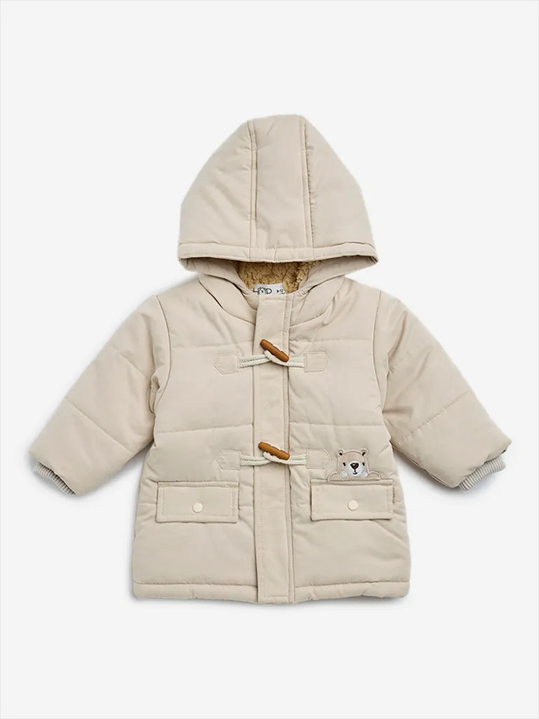 HOP Baby Beige Animal Embroidered Hooded Puffer Jacket