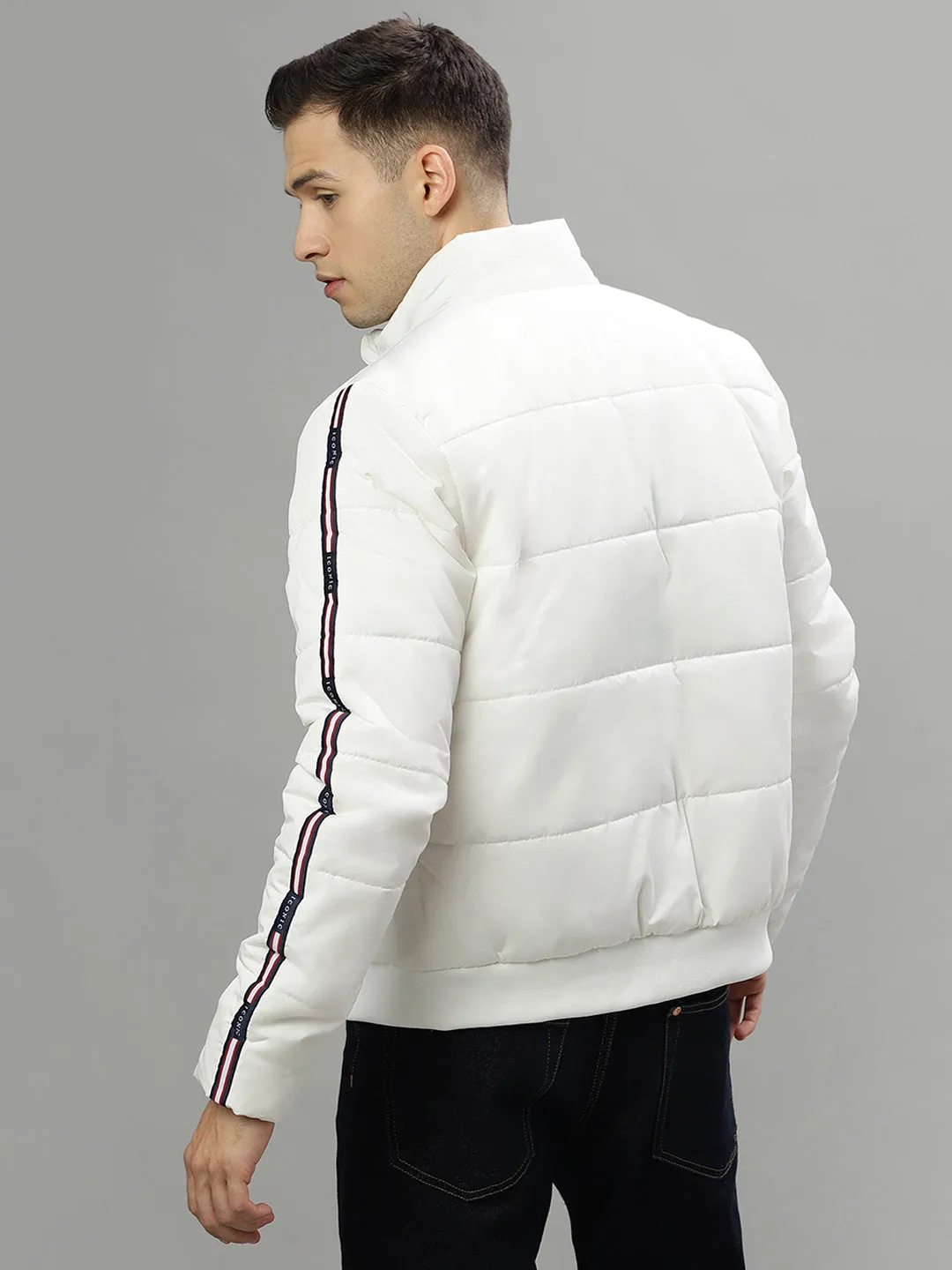 Iconic Men White Solid Stand Collar Long Sleeves Puffer Jacket