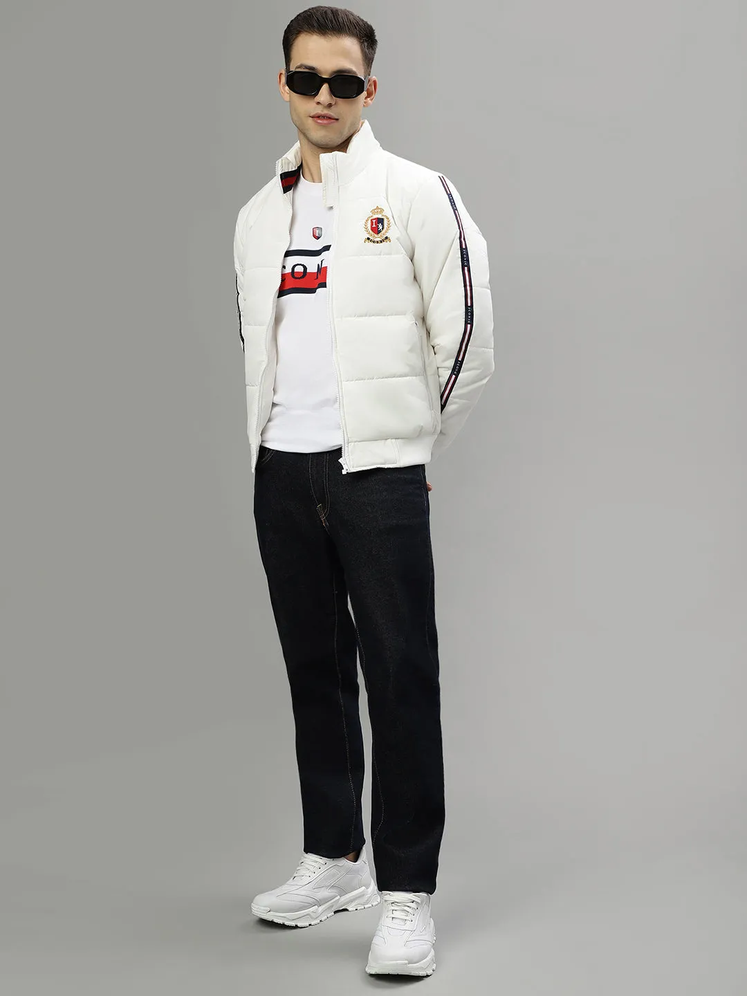 Iconic Men White Solid Stand Collar Long Sleeves Puffer Jacket