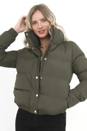 KHAKI HIGH COLLAR SNAP DETAIL PUFFER JACKET