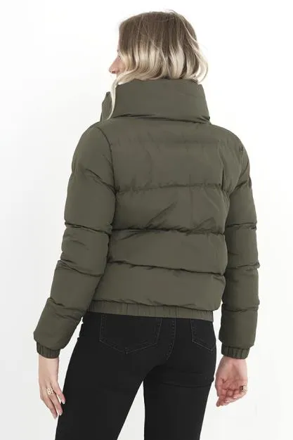 KHAKI HIGH COLLAR SNAP DETAIL PUFFER JACKET