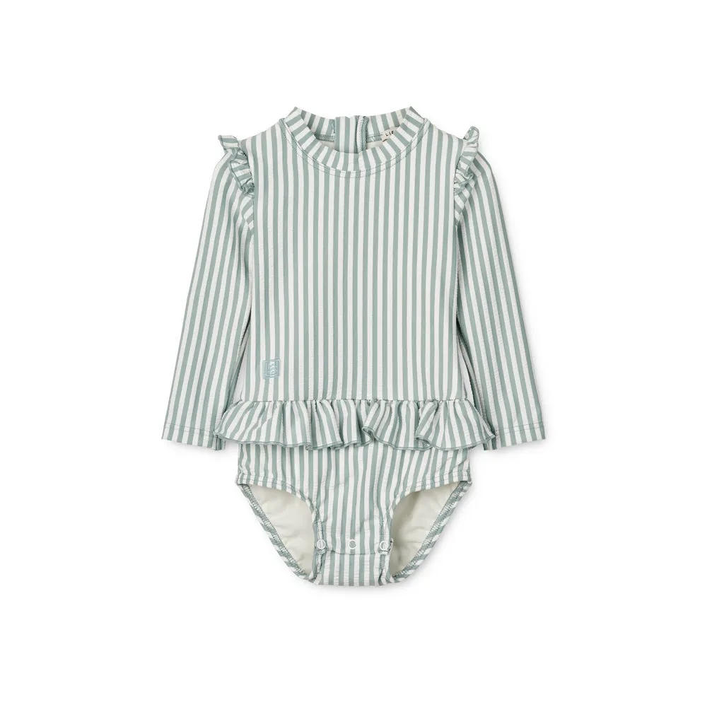 Liewood Baby Sille Long-Sleeve Seersucker Swimsuit - Sea Blue & White Stripe