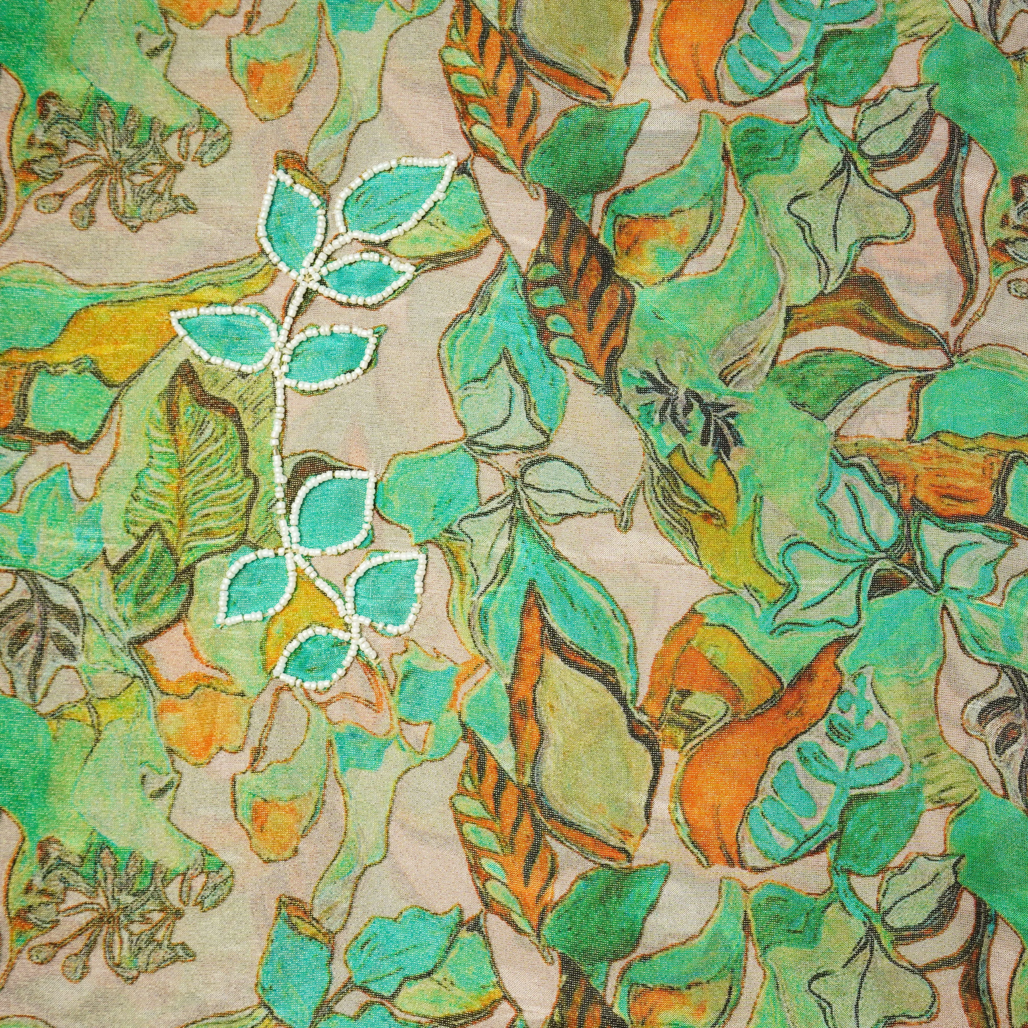 Light Green Cutdana & Pearl Floral Print Pure Tissue Fabric 21271