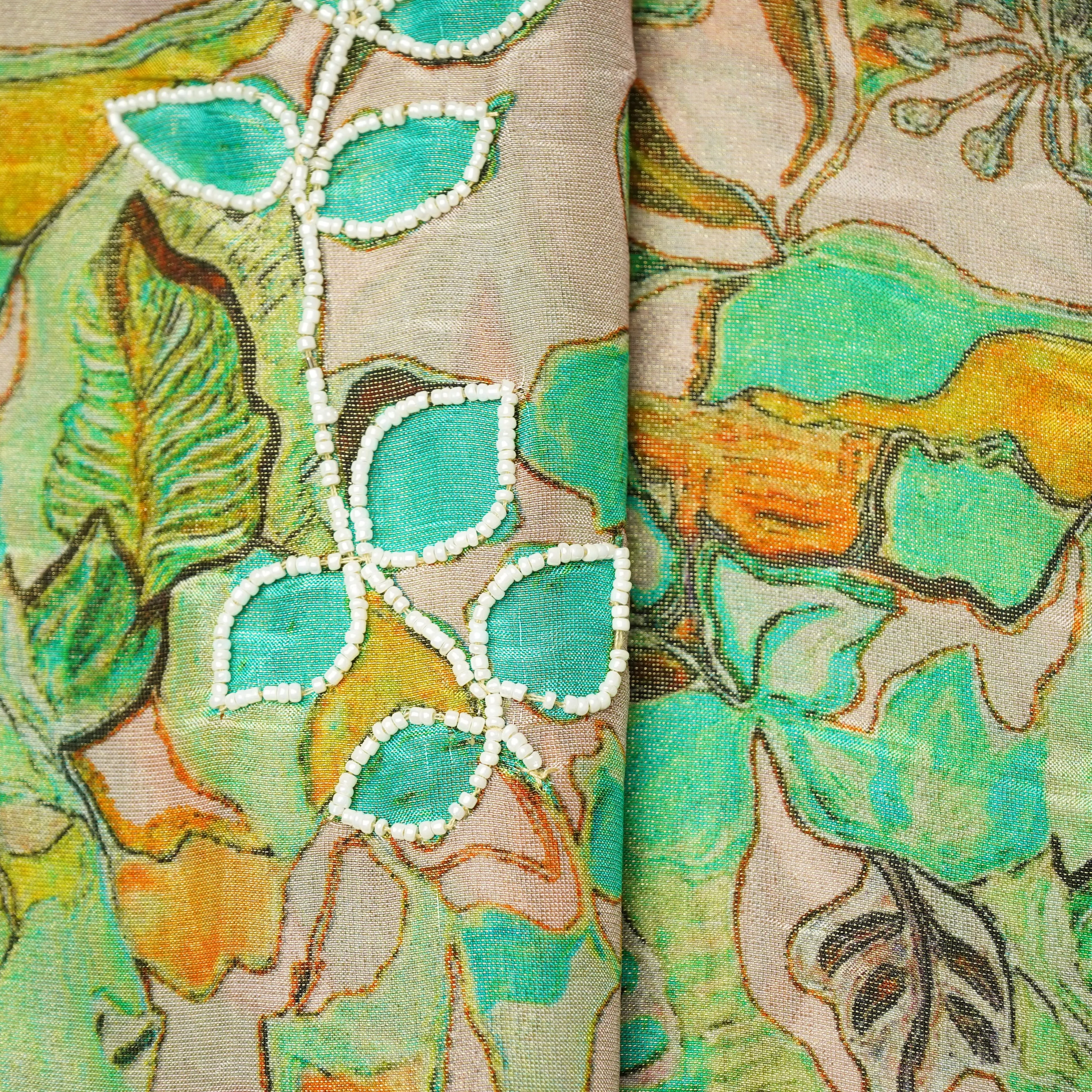 Light Green Cutdana & Pearl Floral Print Pure Tissue Fabric 21271