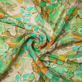 Light Green Cutdana & Pearl Floral Print Pure Tissue Fabric 21271