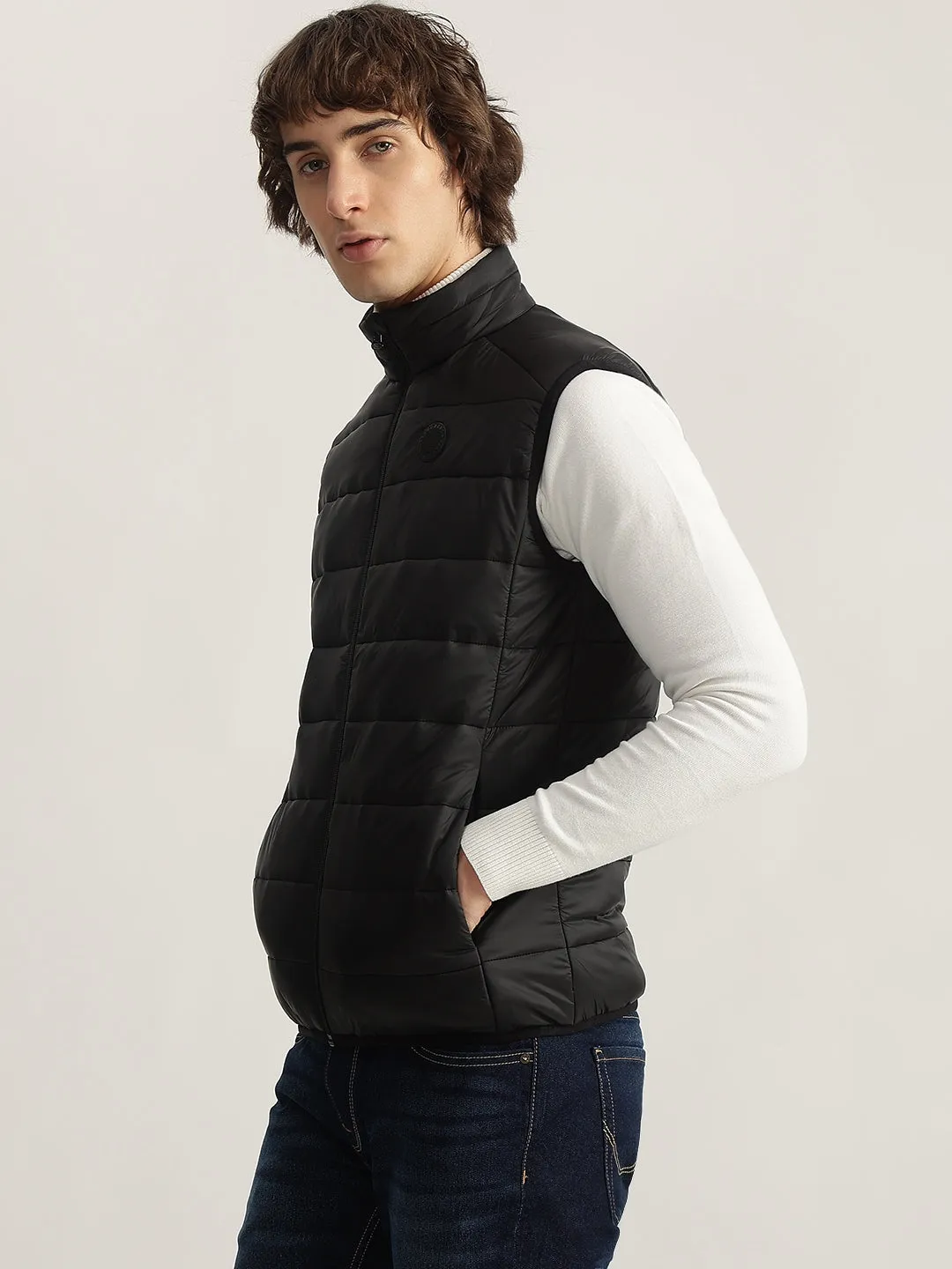 Lindbergh Men Black Solid Stand Collar Sleeveless Puffer Jacket