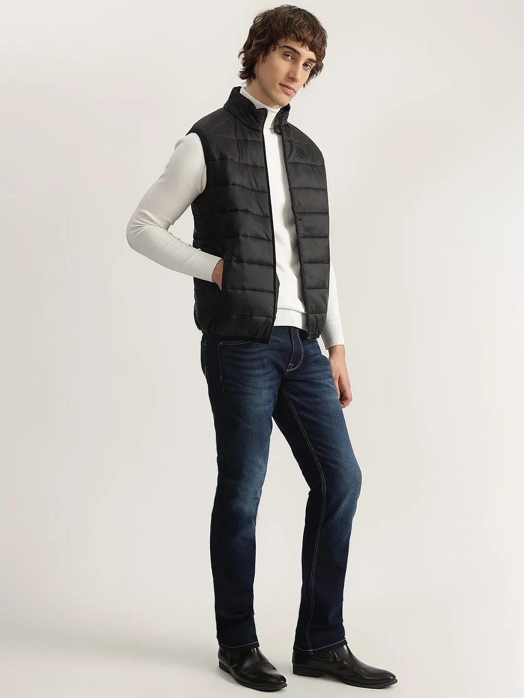 Lindbergh Men Black Solid Stand Collar Sleeveless Puffer Jacket