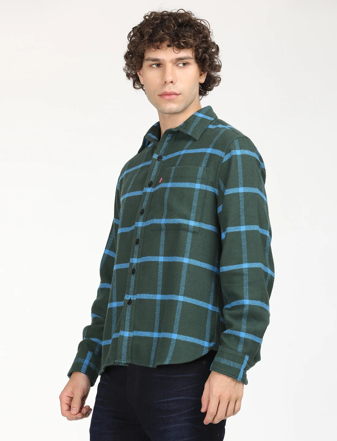 Men's Checkered Dark Green Spread Collar Shacket