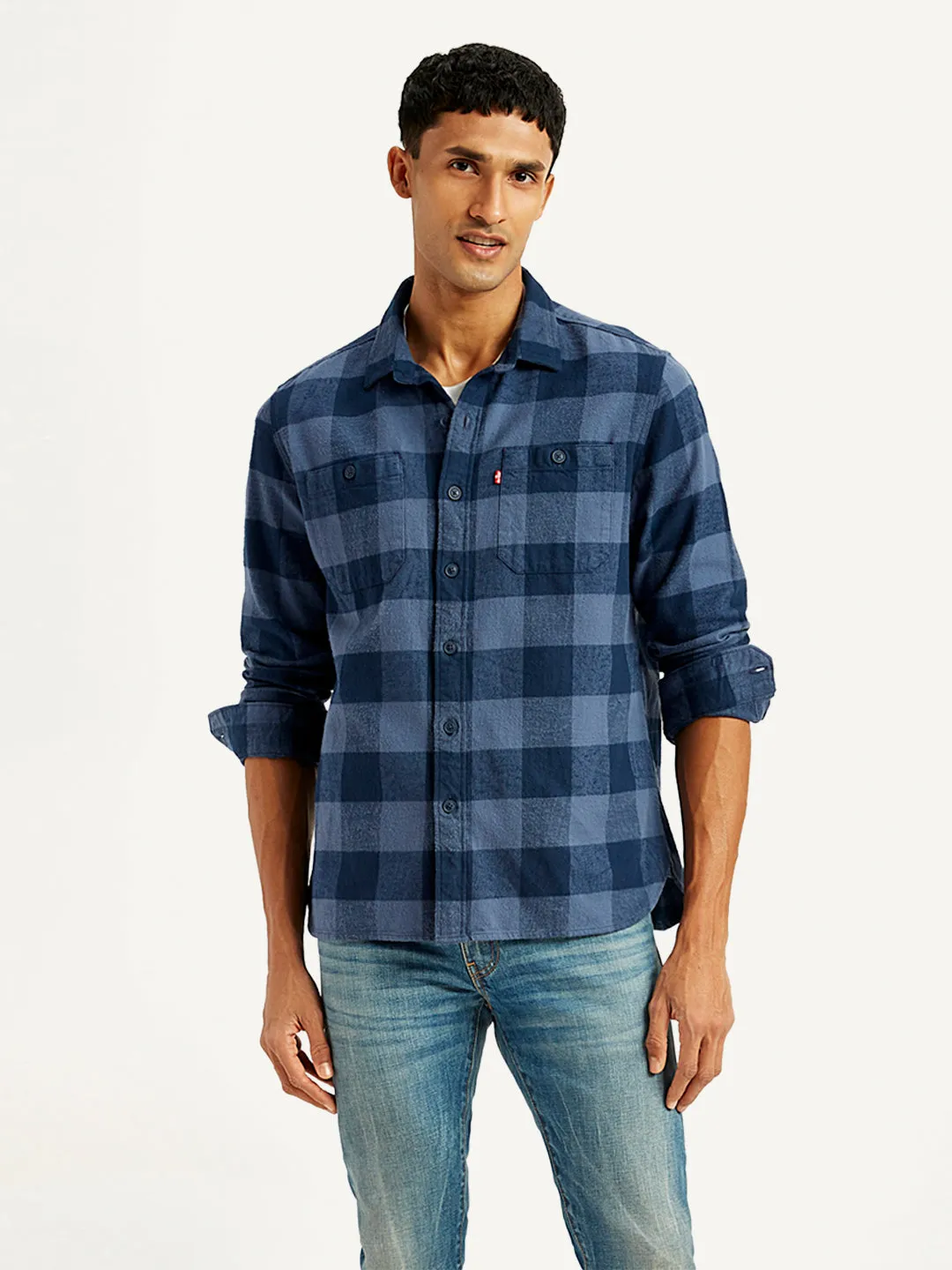 Men's Checkered Navy Spread Collar Shacket