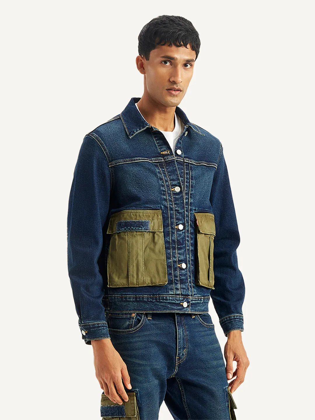 Men's Colorblock Navy Spread Collar Denim Jacket