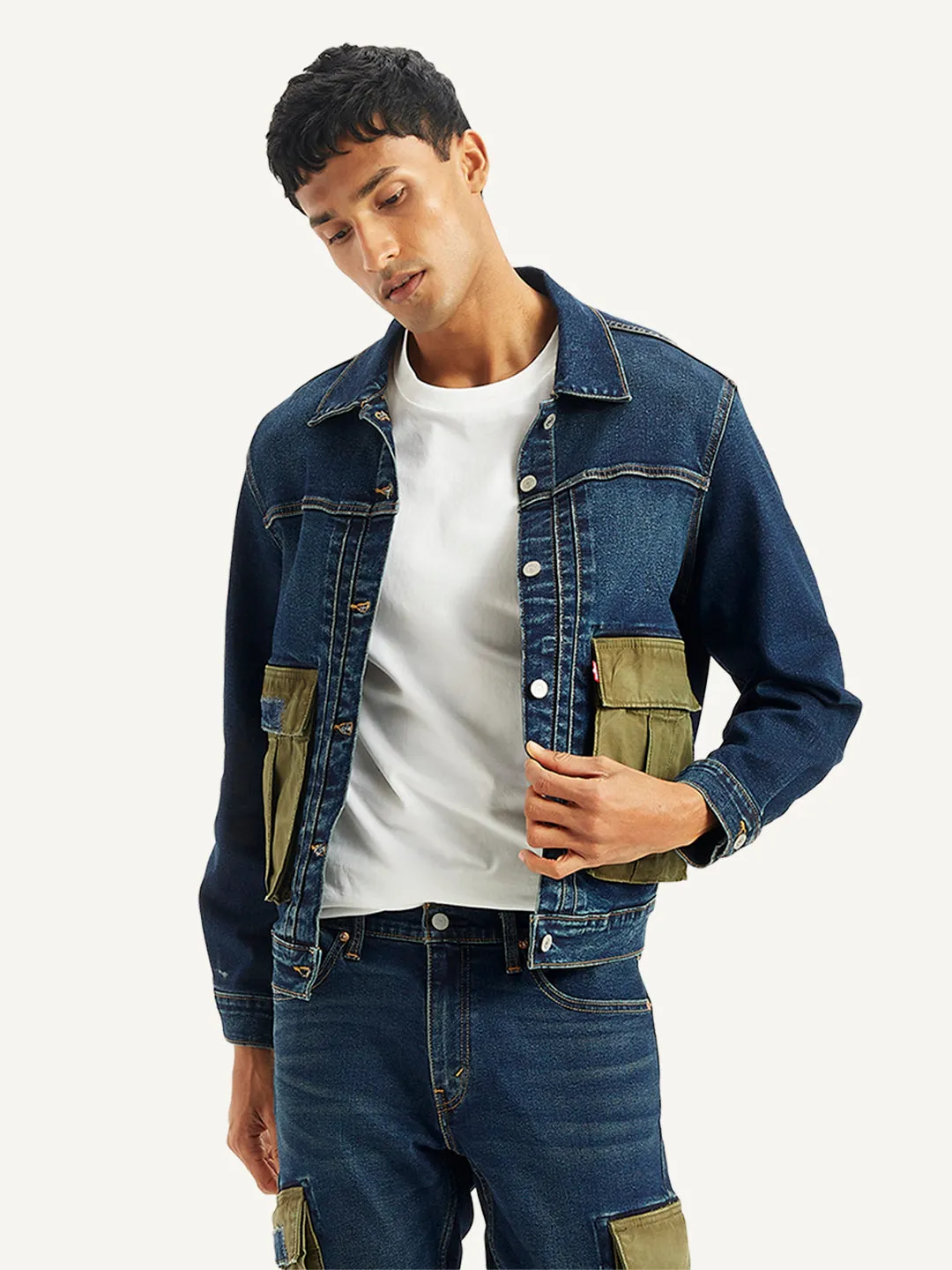 Men's Colorblock Navy Spread Collar Denim Jacket