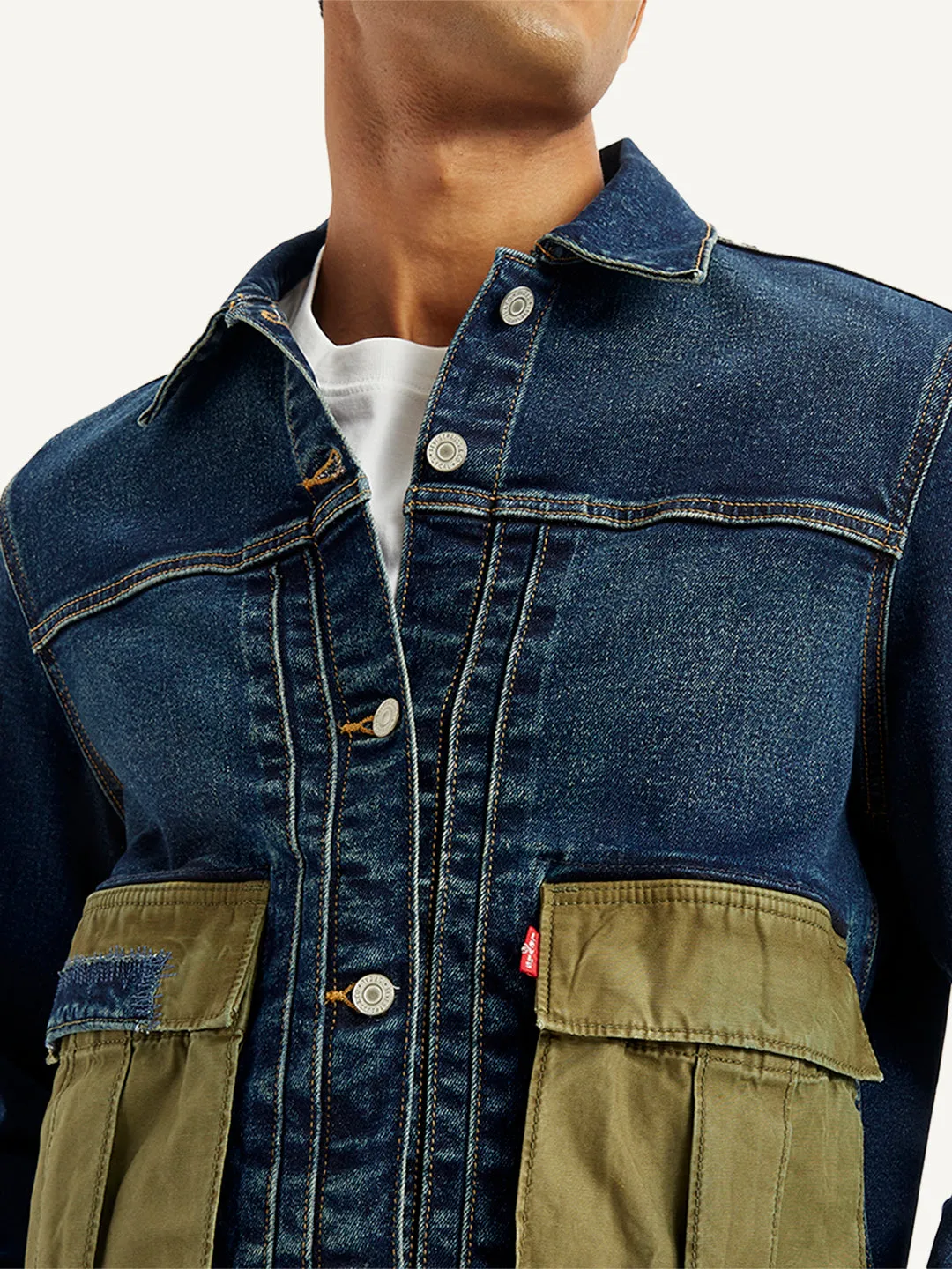 Men's Colorblock Navy Spread Collar Denim Jacket