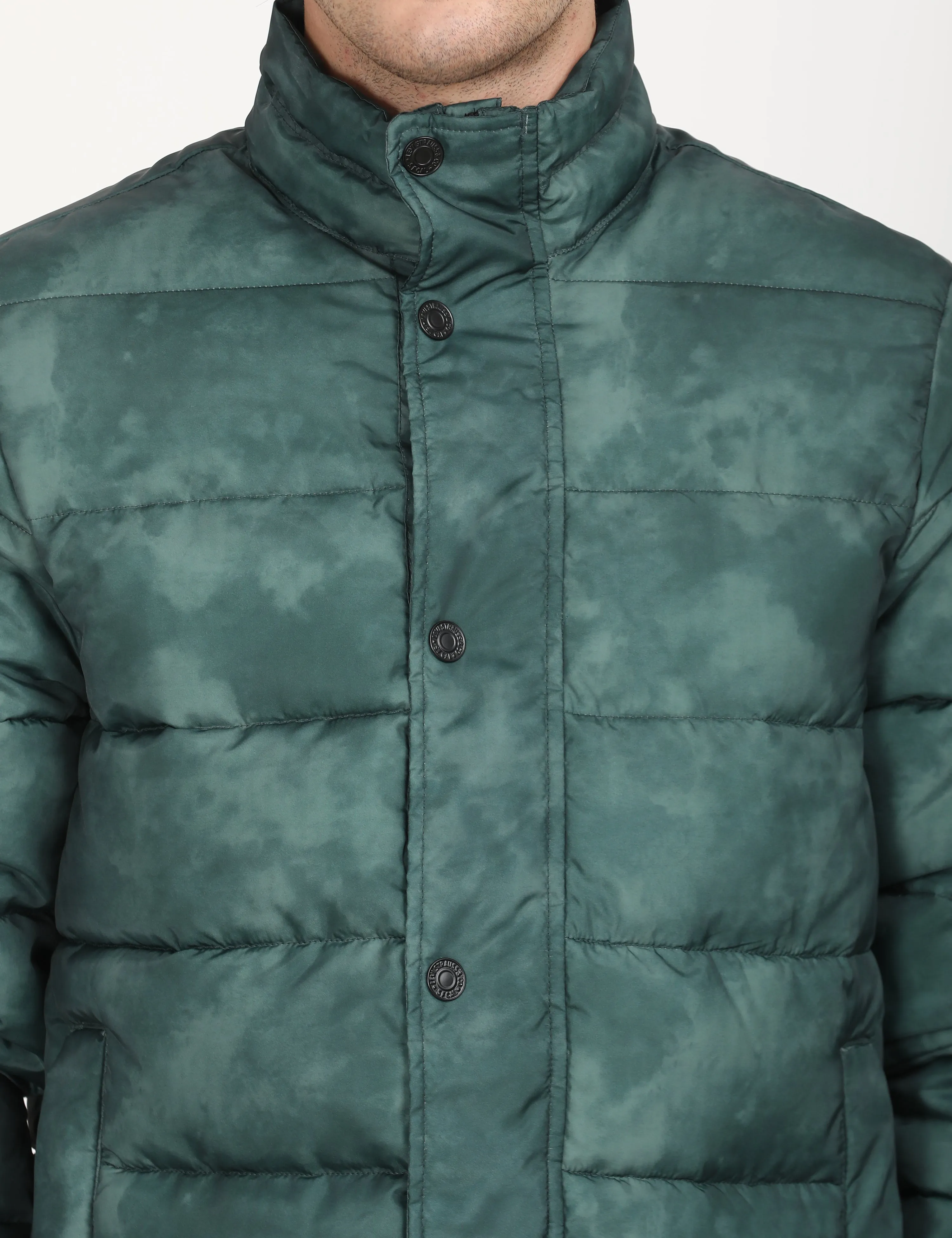 Men's Printed Teal High Neck Puffer Jacket