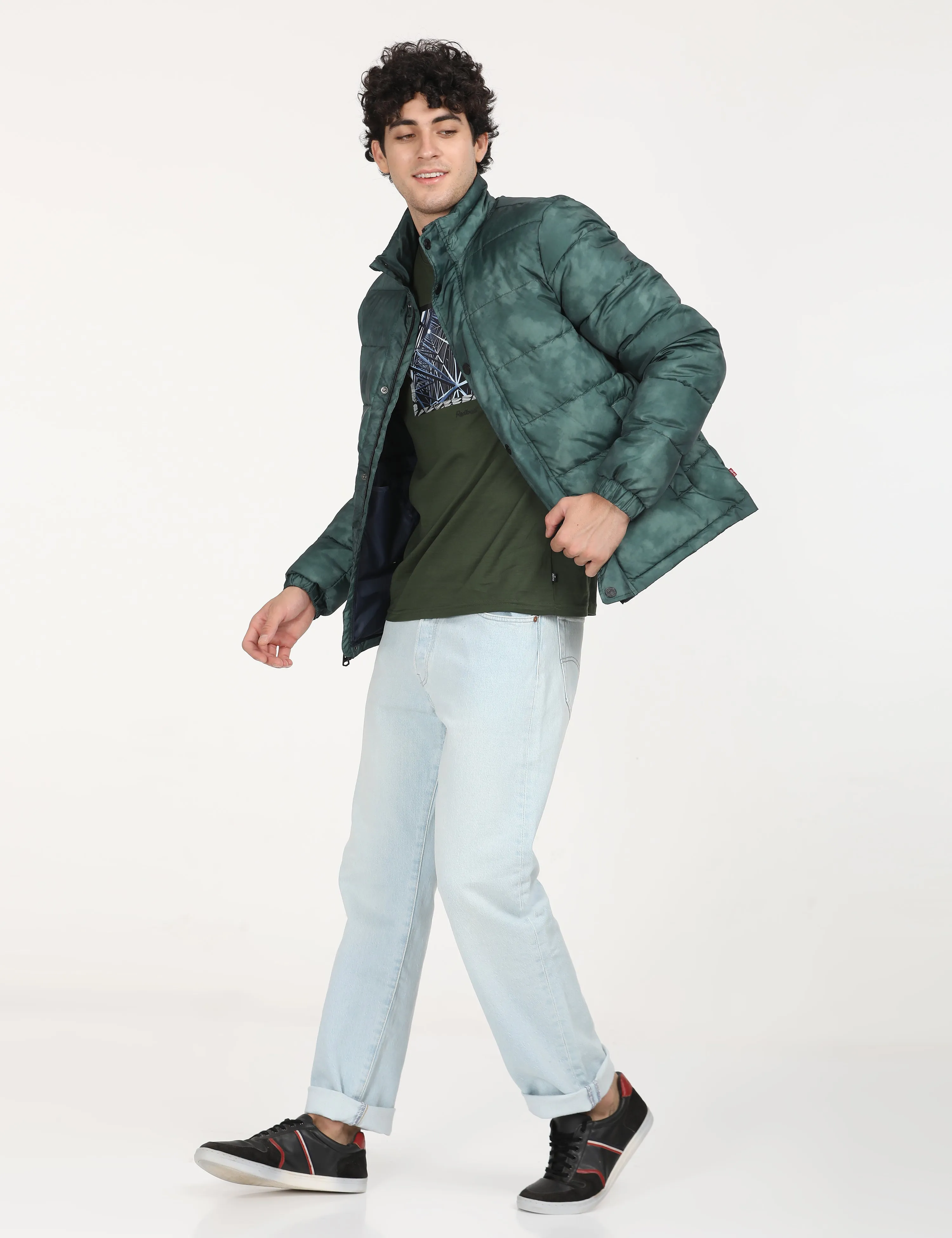 Men's Printed Teal High Neck Puffer Jacket