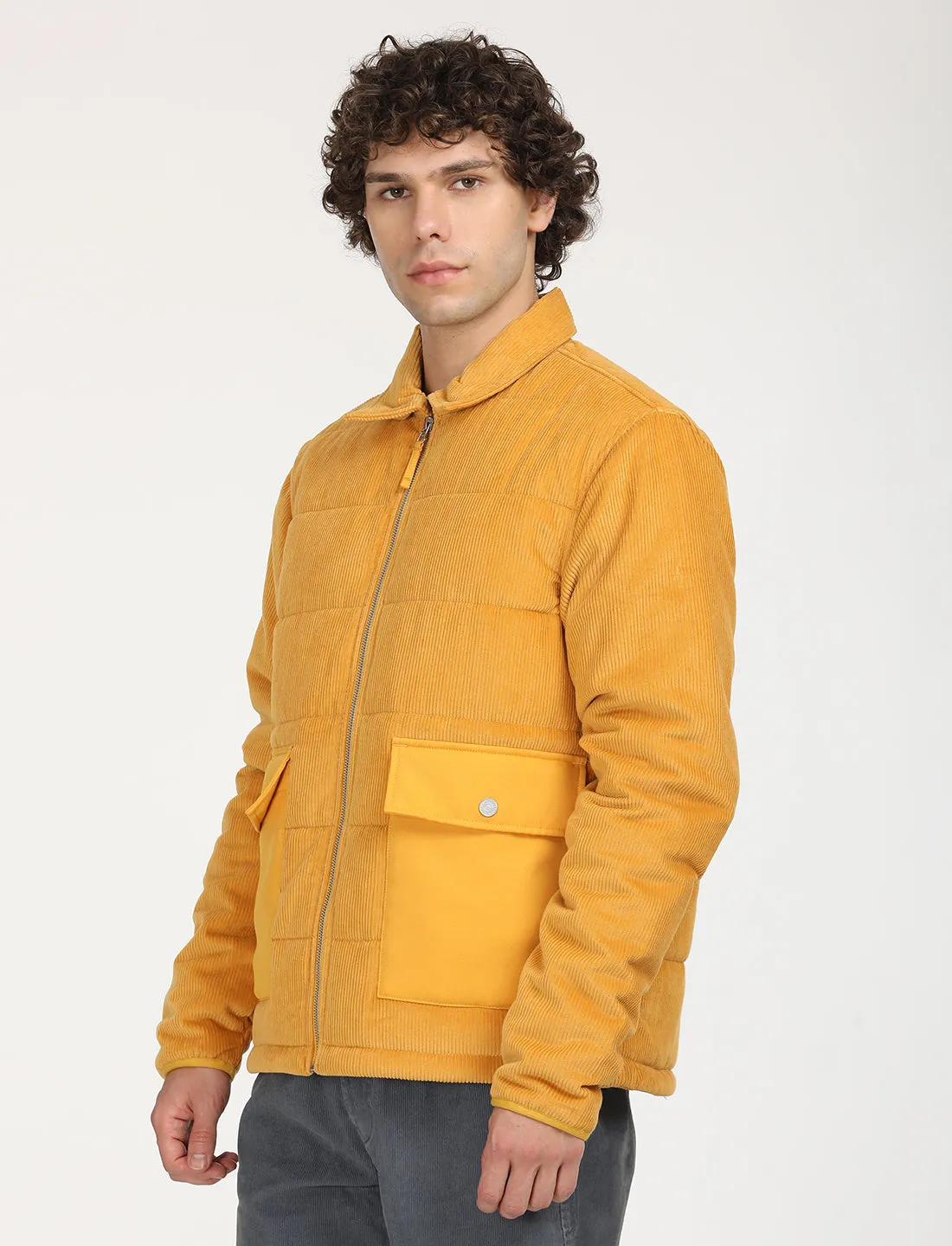 Men's Quilted Yellow Spread Collar Puffer Jacket